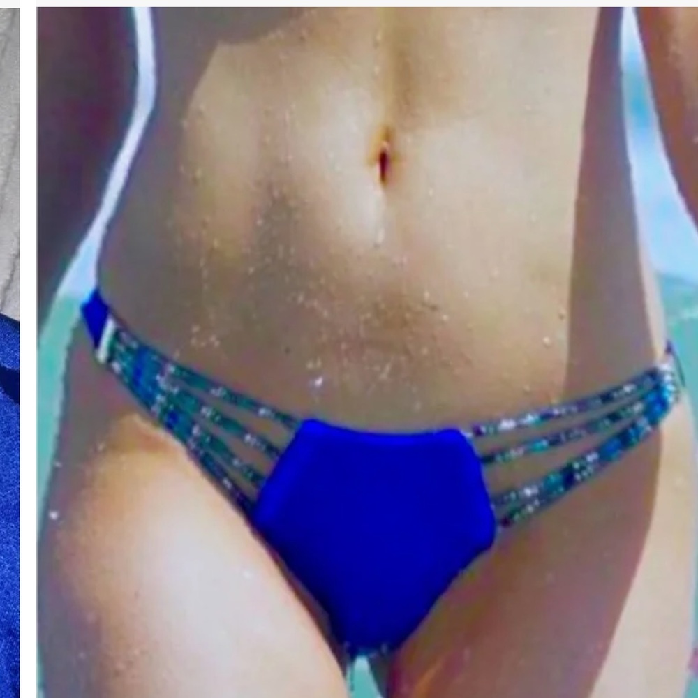 New Beach Bunny Out Of Your League skippy beaded Royal Blue Bikini Bottoms L